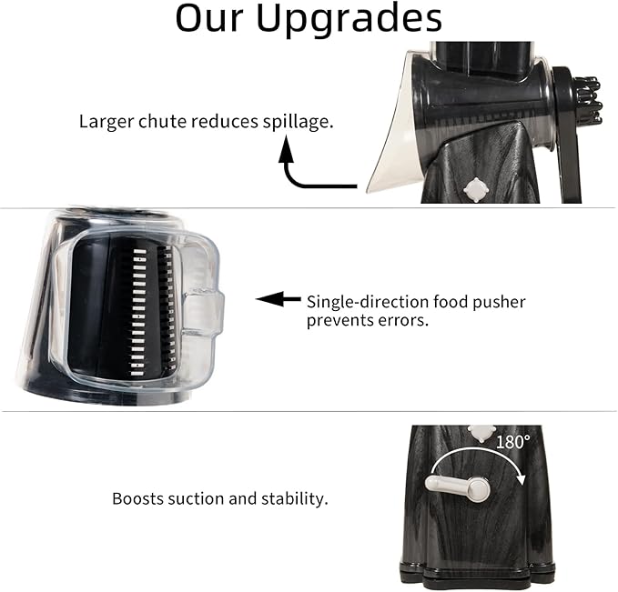 Upgrade Rotary Cheese Grater Shredder with Handle, Strong Suction Base, Multi-purpose Rotary Grater Slicer with 5 Interchangeable Blades for Ice, Vegetables, Fruit, Nuts with Blade Storage Box