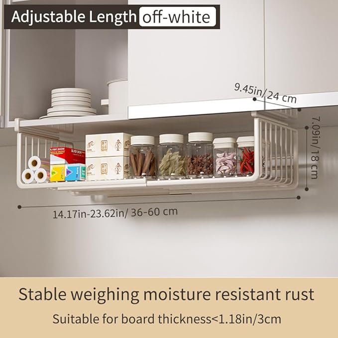 Extendable Under Shelf Storage Basket, Hanging Baskets Under Cabinet Shelf Organizer, for Cabinet Pantry Kitchen Cupboard Desk Counter Bookshelf Space Saver Heavy Duty Slide-in (Black, 1 Pack)