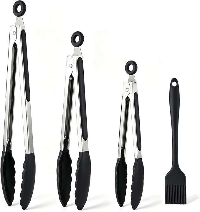 Kitchen Tongs for Cooking, Set of 4 with Oil Brush (7" 9" 12"), Heat Resistant 572°F Stainless Steel, Heavy Duty Metal Locking Tongs with Silicone Tips, Black, BBQ Grilling Dishwasher Safe