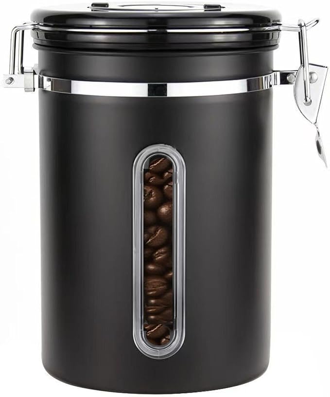 Coffee Canister with Window, 22OZ Airtight Stainless Steel Food Storage Container, Home Kitchen Sugar Organizers Jar with Scoop for Beans, Rice,Tea, Flour, Cereal, Black