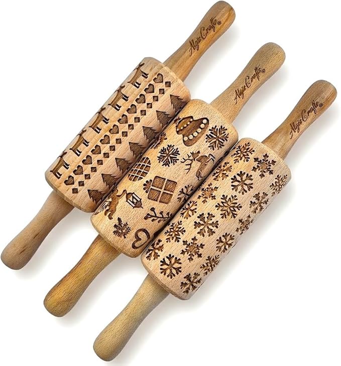 CHRISTMAS 3 Mini Embossed Rolling Pin Set Wooden Laser Engraved Textured rolling pins with Snowflakes, Elks, Christmas Trees and Gifts for Cookies by Algis Crafts