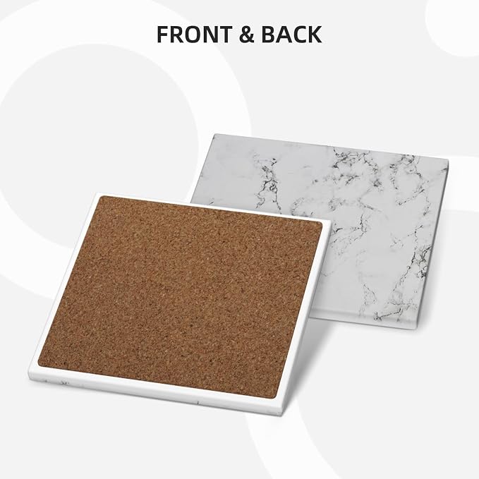 Marble White Square Ceramic Coasters Set of 6 Pack, Rustic/Retro White Ink Granite Marble Texture Stone Drink Coaster with Cup Holder Anti-Scratc Cork Backing Bar Kitchen Home Housewarming Gift