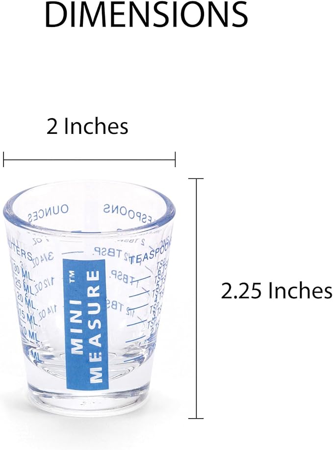 Kolder Mini Measure Heavy Glass, 20-Incremental Measurements Multi-Purpose Liquid and Dry Measuring Shot Glass, Red and Blue, Set of 2