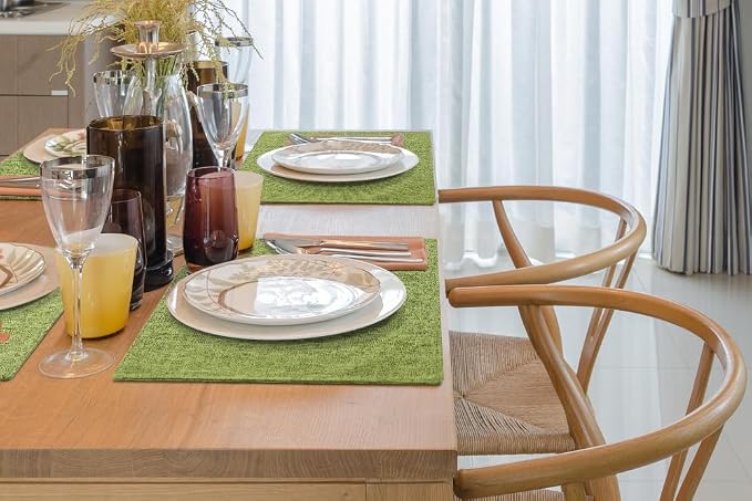 homing Faux Cotton Linen Placemats Set of 4, Cloth Washable Farmhouse Dining Table Mats for Indoors & Outdoors, Easy to Clean, Grass Green, 13 x 19 Inch