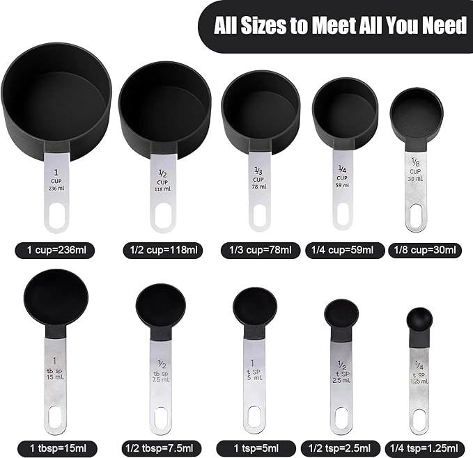 Measuring Cups and Spoons Set, 10-Piece Stackable Kitchen Tools with Stainless Steel Handles, Nesting Measurement Gadgets for Cooking & Baking (black)