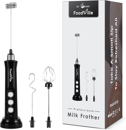 FoodVille MF09 3 in 1 Rechargeable Milk Frother Handheld Foam Maker with Charging Stand & 3 Stainless Steel Whisks (Black without Case)