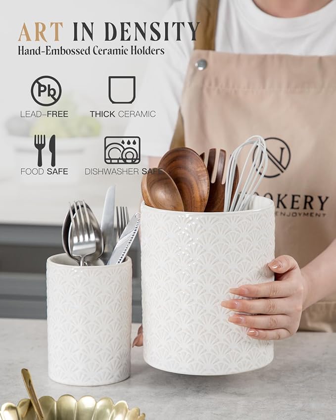 Nucookery Utensil Holder for Kitchen Counter, White Large Stable Ceramic Cooking Utensil Crock for Countertop Organizer, Farmhouse Decor, Set of 2, 7.1"&5.4",Christmas Thanksgiving Gift, Petal Pattern