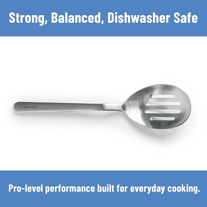 Misen Slotted Chef Spoon – Stainless Steel Draining and Serving Spoon for Pasta Vegetables Poached Eggs Fried Foods Meatballs Braises and Everyday Cooking and Kitchen Prep