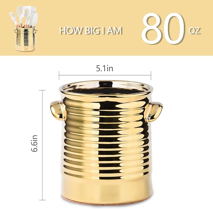 Gold Utensil Holder for Countertop, 6.4" Ceramic Utensil Holder for Kitchen Counter, Large Embossed Cooking Utensil Crocks for Kitchen Decor, Utensil Organizer with Cork Bottom for Housewarming Gifts