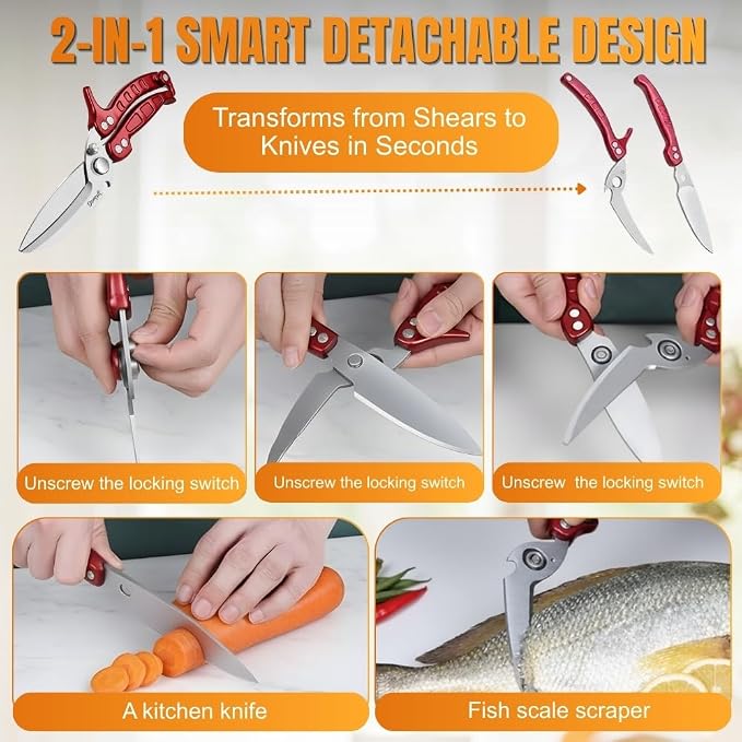 Heavy Duty Poultry Shears - A Must Have chicken processing equipment, Kitchen Scissors for Meat, Chicken, Turkey, and Vegetables - Non-Slip Handle, Safety Lock, Dishwasher Safe