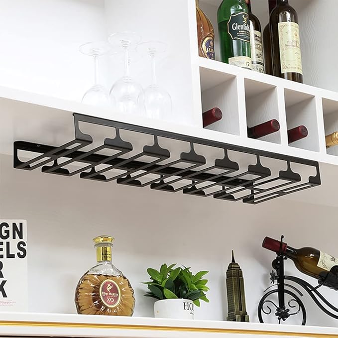 Under Cabinet Stemware, Hanging Wine Glass Holder with Screws, Glasses Storage Hanger Iron Organizer for Home Kitchen Bar