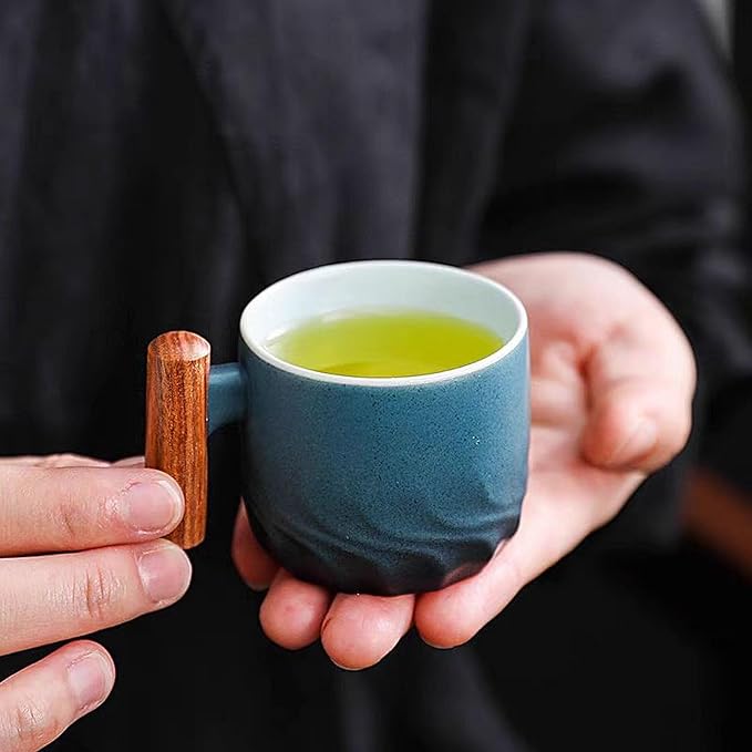 2.5oz Ceramic Espresso Cups with Wooden Handle, Chinese KungFu Tea Cup, Coffee Cups Set of 4 (Blue)