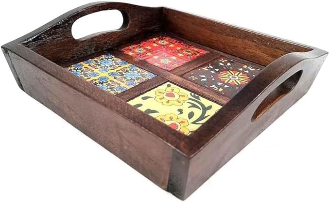 Erving Tray with Ceramic Tiles | Tea & Snacks Serving Platter Wooden | Square Tray with Handles - for Home, Dining Table, Kitchen Decor & Gifts - 9 Inch