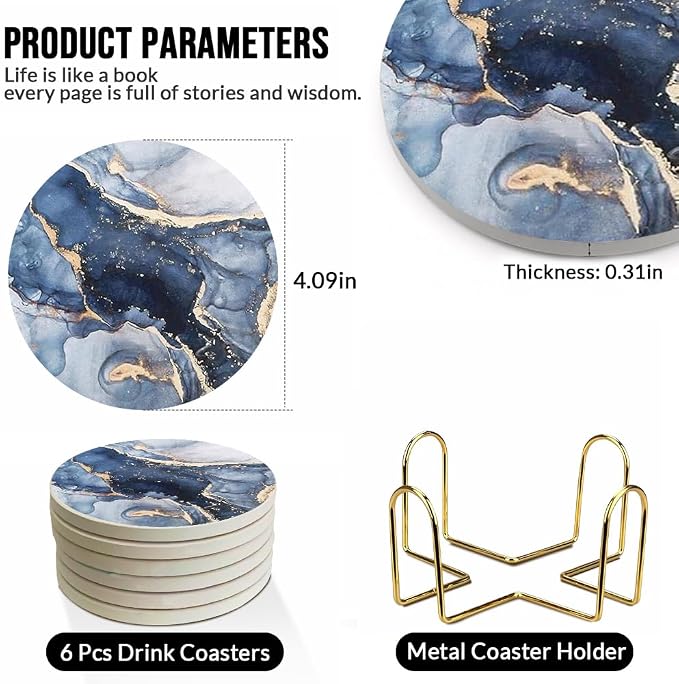 Ceramic Coasters Set of 6, Marble-Textured Design with Holder - Absorbent Cork-Backed Coasters for Cups, Bar & Coffee Table Decor Accessories (Dark Blue Marble, 6 Pack-Thin)