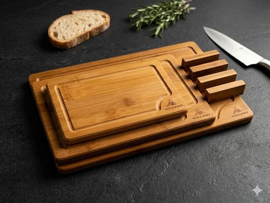 3-Piece Bamboo Cutting Board Set with Holder, Deep Juice Groove, Wooden Chopping Boards for Kitchen, Meat, Vegetables, Cheese & Bread