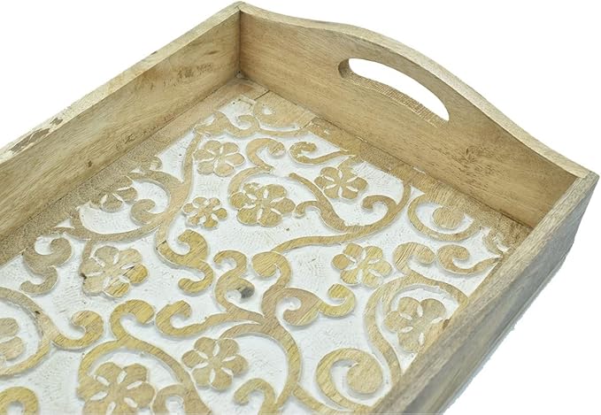STORE INDYA Rustic Large Wooden Serving Tray Platter for Tea Snack Dessert with Handle Hand Carved Floral Design Kitchen Dining Serve-Ware Accessories 14 x 10 Inches (Beige)