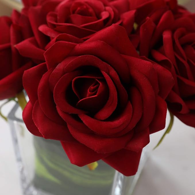 Fule Artificial Velvet Rose Flower Centerpiece Arrangement in vase for Home Wedding Decoration (Burgundy)