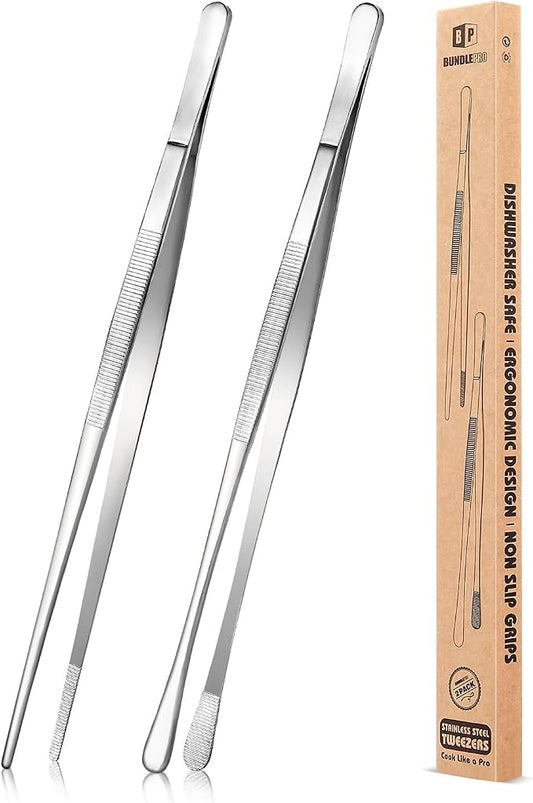 2 Pcs 12-Inch Kitchen Tweezers Fine Tweezer Tongs, Stainless Steel Professional Long Cooking Tweezers for BBQ, Sea Food, Repairing and Serving (SILVER)
