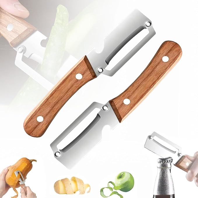 2026 New 2-in-1 Vegetable Peeler – Premium Stainless Steel Blade, Solid Wood Handle & Built-in Bottle Opener – Effortlessly Peels Fruits & Vegetables – Perfect Kitchen Gift (2-Pack)