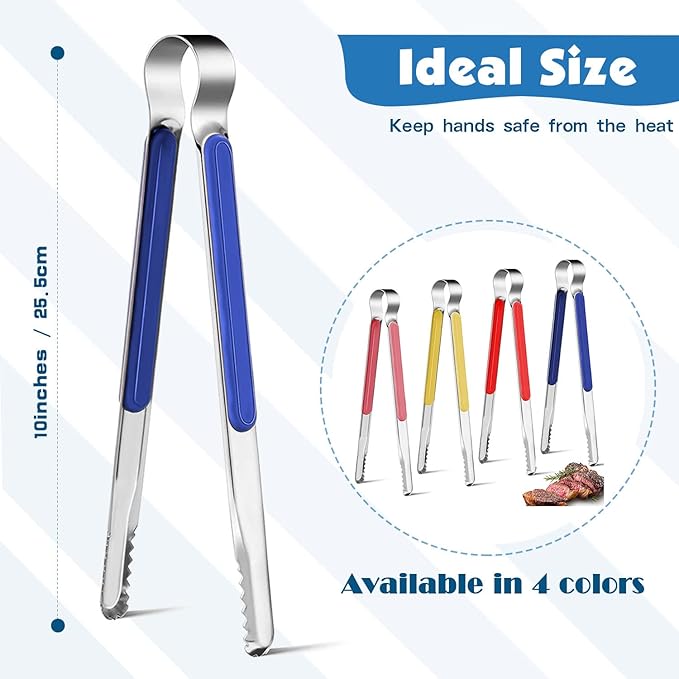 4Pcs Stainless Steel Kitchen Tongs for Cooking - 10" Metal Food Tongs With Non-Slip Comfort Grip, Non-Stick, High Heat Resistant for BBQ, Grilling and Serving