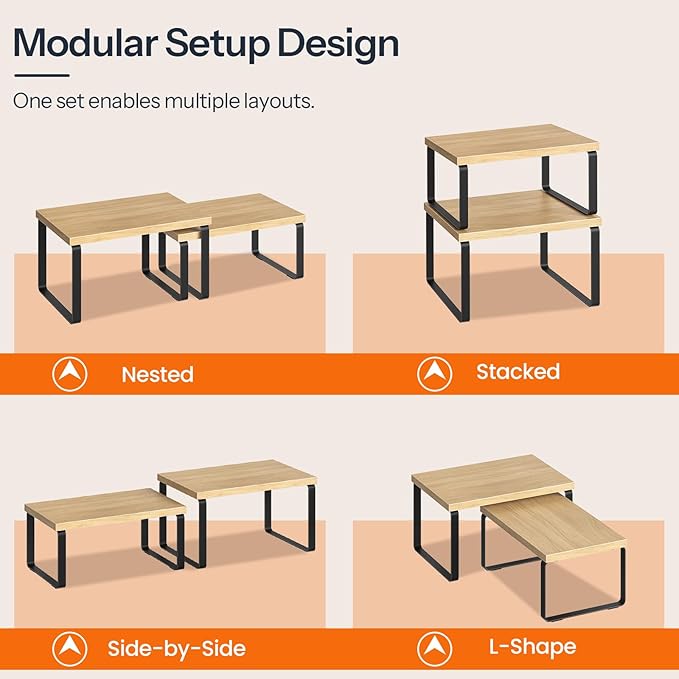 HOOBRO Cabinet Organizer Shelf, Set of 2, Kitchen Countertop Organizer, Kitchen Countertop Shelf, Spice Rack for Counter, Stackable, Expandable for Cabinet, Kitchen, Natural and Black BN33TL01