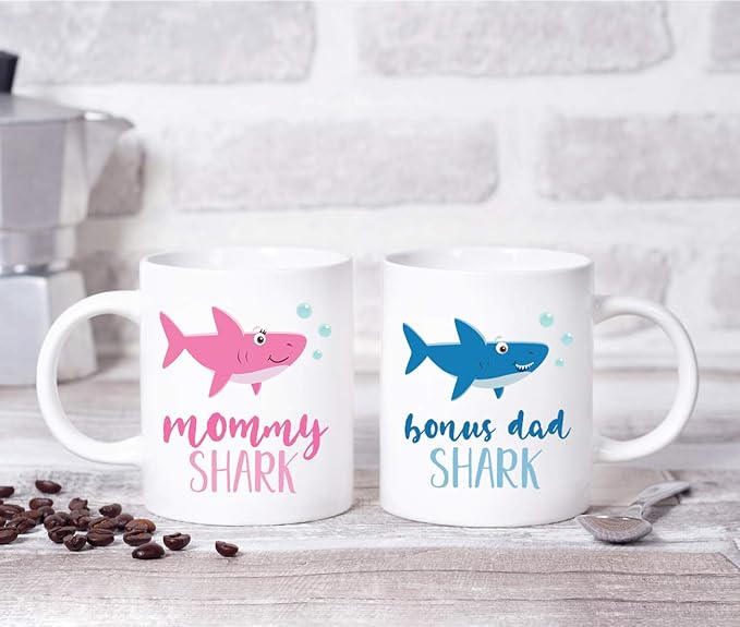 Andaz Press Baby Shark Family 11oz. Coffee Mug Gift Set, Mommy Shark, Bonus Dad Shark, 2-Pack, Shark Do Do Do Gift Idea Birthday Christmas Gifts for Step Dad Mother's Father's Day