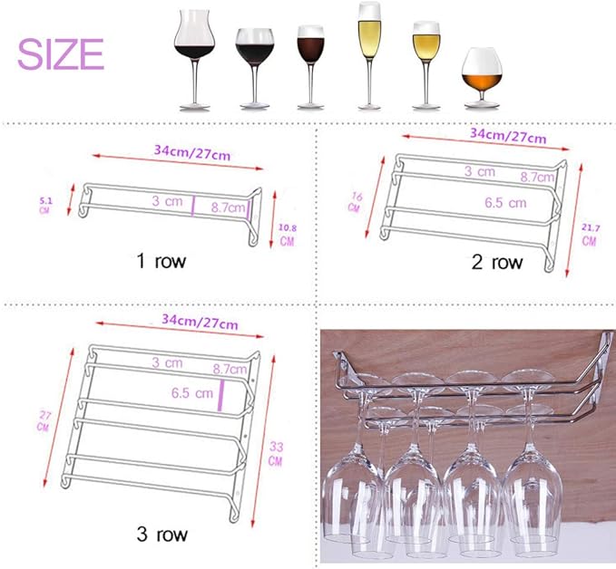 Stemware Wine Glass Hanging Rack Under Cabinet Kitchen Bar Storage Wine Glass Rack Holds up to 8-10 Wine Glass, 13.4 Inch 2 Rows, Bronze