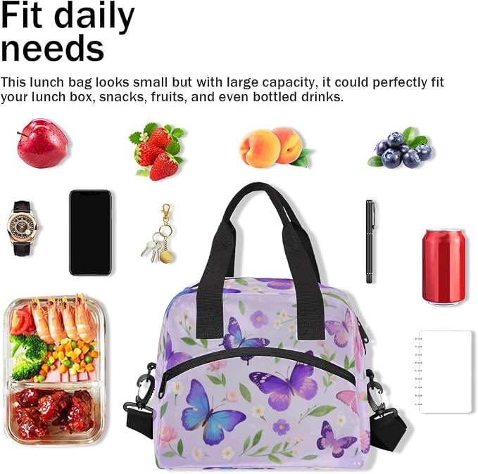 Elegant Purple Butterfly Lunch Bag Women Lunch Box for Women Adult Men Reusable Cute Lunch Box Tote Cooler Bags Insulated Portable Lunch Containers for Work, Office, Travel, Picnic