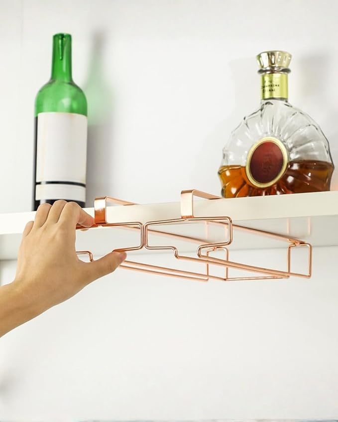 LINFIDITE 2 Pack Under Cabinet Wine Glass Rack Rose Gold Wine Glass Holder Stemware Rack Hanger Kitchen Hanging Storage Rack Organizer (For Partition Thickness under 0.98")