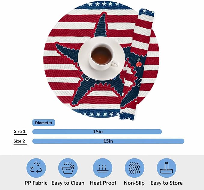 4th of July Round Placemats Set of 6 Happy 4th of July Place Mats Independence Day Woven Placemat Red White Blue Starfish Star Stripes Circle Braided Table Mat for Kitchen Dining Table Party 15 Inch