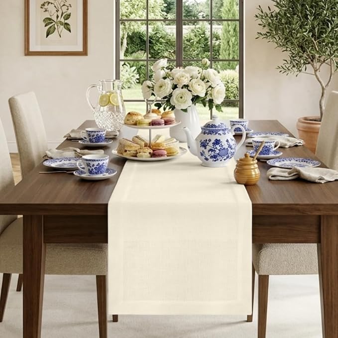 Classic Linen™ by D'Moksha Ivory Table Runner 108 Inches Long, 100% Pure Linen, 14 x 108 Inch Table Runner for Dresser, Dining- Summer