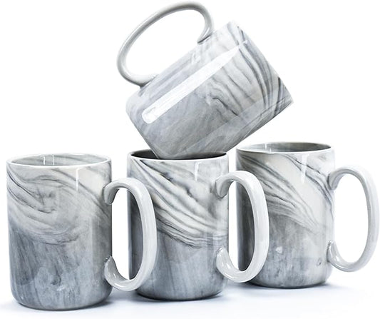 Coffee Mugs Set of 4,16 OZ Large Tea Cups, Grey Marble Ceramic with Big Handle,Bulk Marble Diner Mugs Set for Latte, Beer,Cappuccino,Microwave Dishwasher Safe Cup for Men Women Gift
