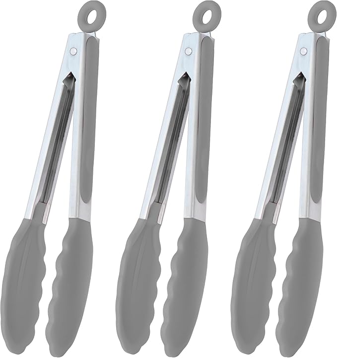 HINMAY Locking Kitchen Tongs with Silicon Tips 9-Inch Stainless Steel Grilling Tongs, Set of 3 (Gray)