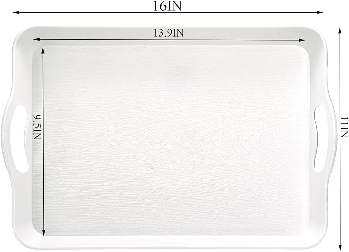 Cedilis 3 Pack Serving Trays with Handles, 16 x 11IN Food Serving Tray, Rectangular Plastic Stackable Tray for Restaurant, Parties, Coffee Table, Kitchen (White)