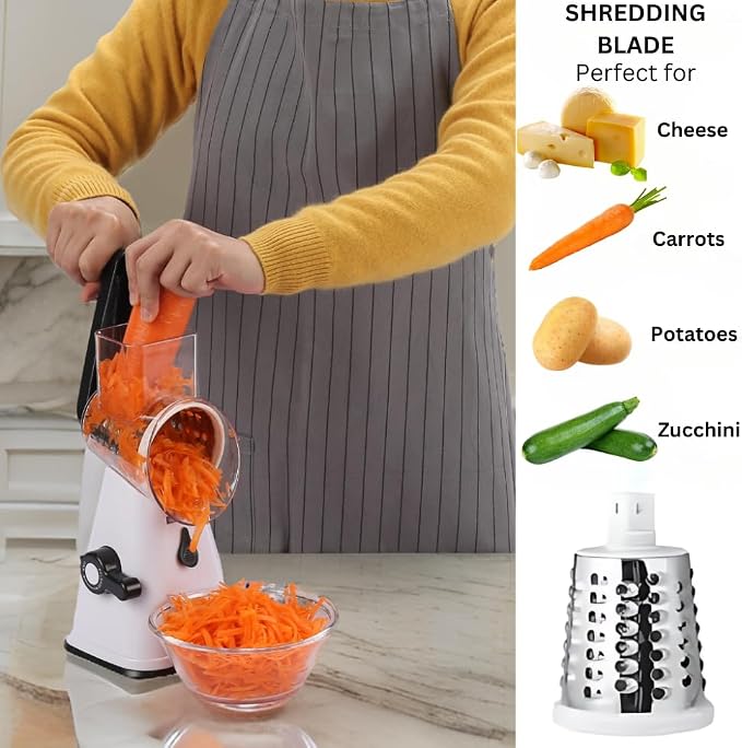 Rotary Cheese Grater - Multipurpose Kitchen Mandoline Slicer with 3 Stainless Steel Blades, Secure Suction Base, Easy to Clean, Ideal for Cheese, Vegetables, Nuts
