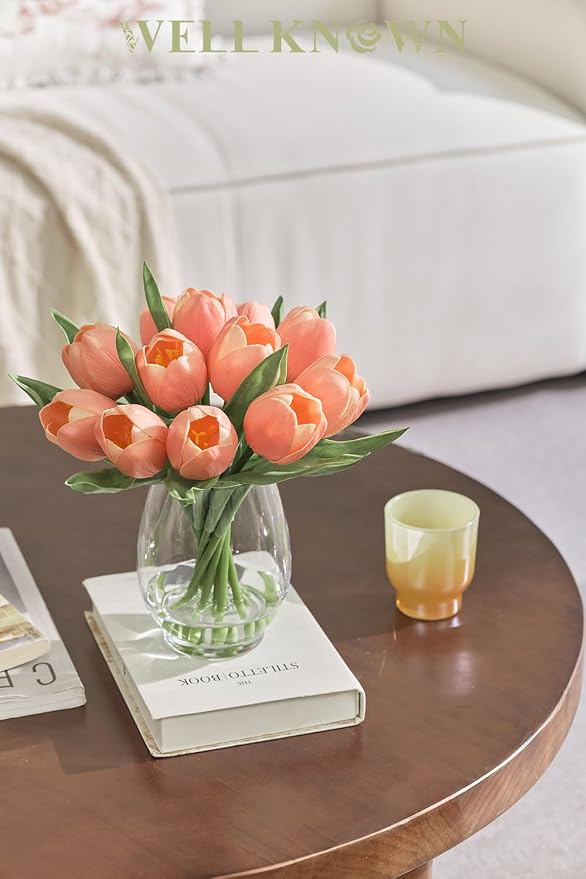 WELL KNOWN 12 Pcs Fake Tulips Artificial Flowers in Vase with Faux Water, Peach Pink Foam Tulips Arrangements with Vase for Home Office Wedding Dining Table Centerpiece Party Decor & Birthday Gift