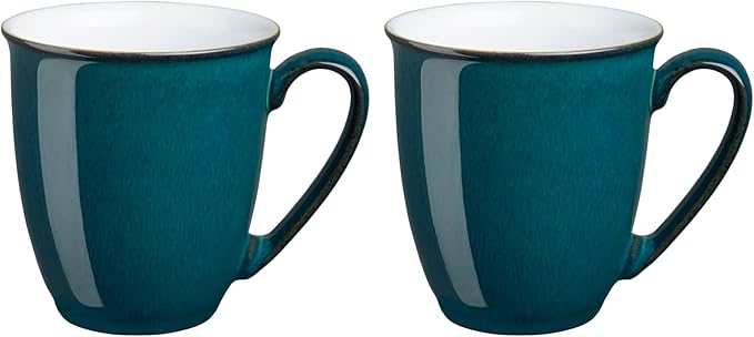 Denby - Greenwich Coffee Breakers Set of 2 - Dishwasher, Oven, Microwave, and Freezer Safe, 330ml (12cm x 10cm x 10cm) Green, White Ceramic Stoneware Tableware - Chip & Crack Resistant