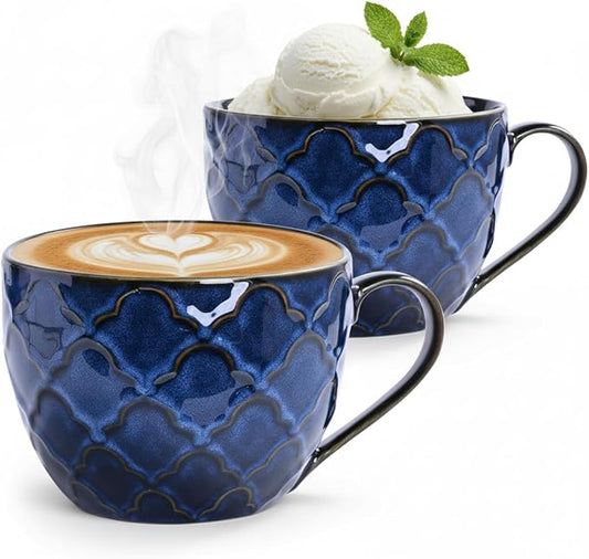 Ceramic Extra Large Coffee Mugs with Handles, 24 oz Coffee Cups, Large ceramic mugs for Hot Chocolate, Cappuccino, Ramen,Oatmeal, Microwave SafeSet of 2 (Reactive Glaze Blue)