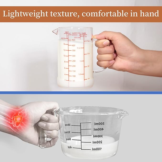 Newness Glass Measuring Cup with Handle, 500 ML (0.5 Liter, 2 Cup) Double-Sided Scale Measuring Cup with Three Scales (OZ, Cup, ML/CC) and V-Shaped Spout, Measuring Beaker for Kitchen or Restaurant