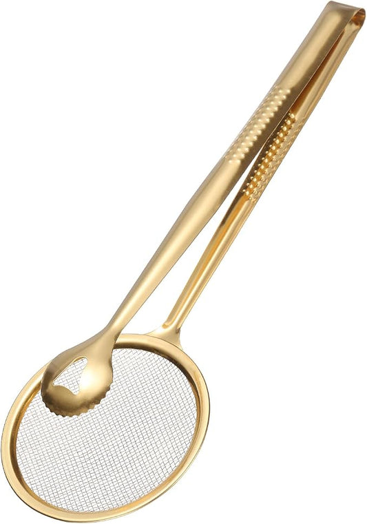 uxcell Stainless Steel Strainer Tongs, 11.2" Multi-Functional Food Strainer with Clip Fine Mesh Oil Filter Skimmer Hot Pot Clips for Kitchen Tool Restaurant Frying Cooking, Gold