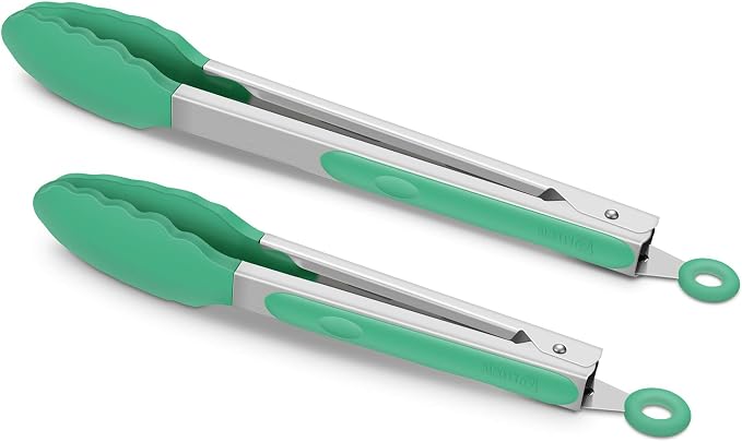 2 Pack Silicone Kitchen Tongs – 9" & 12" Set, Heat Resistant up to 500°F, Non‑Stick Cookware Safe, Wavy Silicone Tips, BPA Free, Locking Clip & Hanging Loop, Turquoise