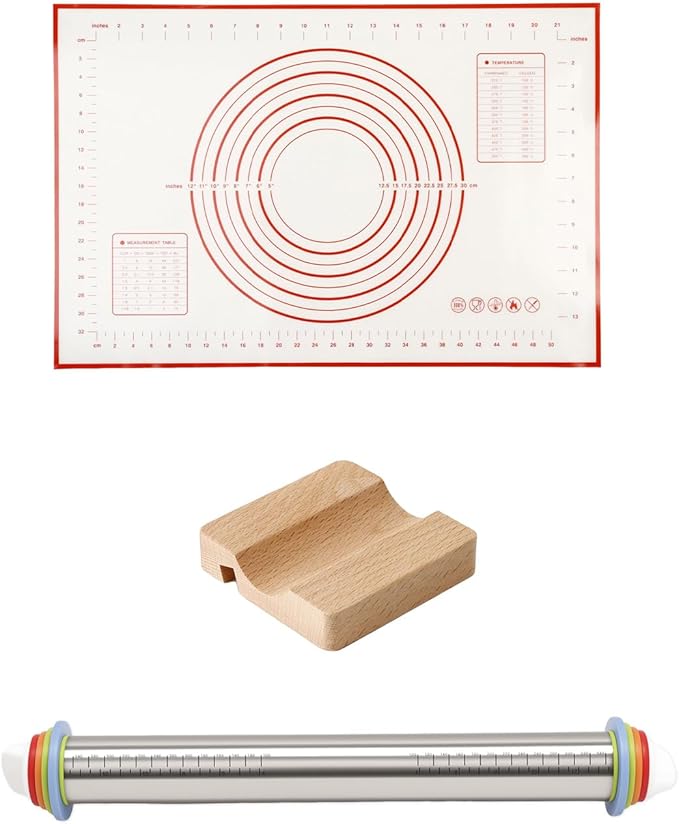Adjustable Stainless Steel Rolling Pin with Thickness Rings for Baking, Dough Roller Pins for Cookie Decorating Baking Supplies with 1PCS Silicone Pastry Mat & 1PCS Rolling Pin Holder