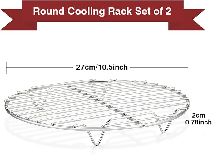 TeamFar Round Cooling Rack Set of 2, 10½ Inch Round Wire Baking Steaming Roasting Rack Set Stainless Steel, Healthy & Mirror Finish, Oven & Dishwasher Safe