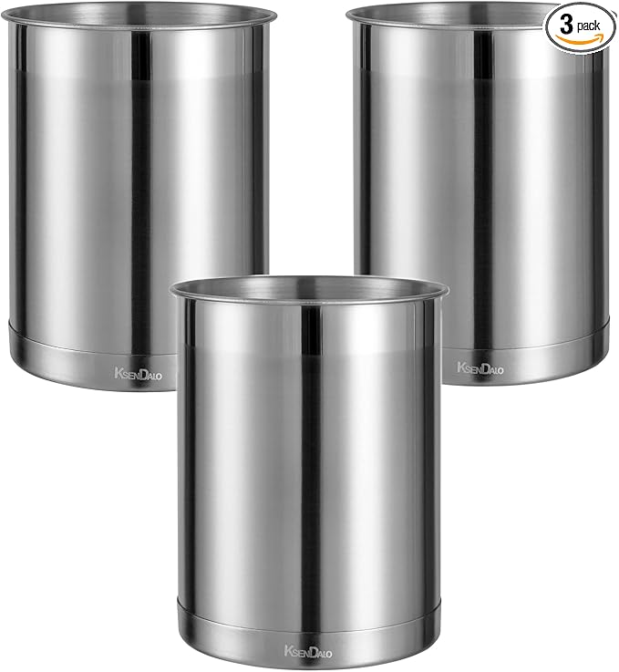 KSENDALO 3 Pack Utensil Holder Stainless Steel 6.3inch Deep,Silver | Brushed Finish, Doubled Base for Stable, Shiny Stainless Style, 5inch Wide, 6.60inch Tall