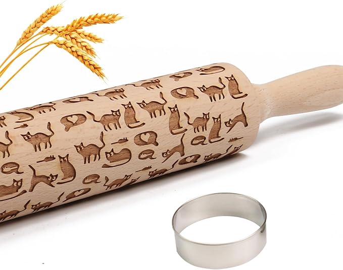 Embossed Rolling Pin for Baking Cookies Embossing Rolling Pins with Design Wooden Engraved Springerle Roller Pin Dough Animal Patterned Clay Pottery Ceramic Stamp Gifts Bakers Women (Cat & Heart)
