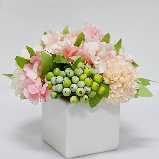 Artificial Flower Arrangement in Ceramic Vase Pink Hydrangea Home Decor | Artificial Pink Hydrangea Potted Flowers with White Vase, Fake Peony Green Berry Floral Decor for Home Office Wedding Table