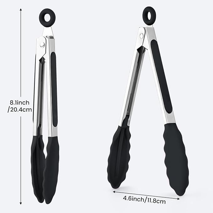 7-Inch Silicone Tongs Pack of 6, Small Stainless Steel Tongs with Silicone Tips for Cooking, Serving, BBQ, Grilling, Salad, Buffet, Party (7", Black/Gray/White)