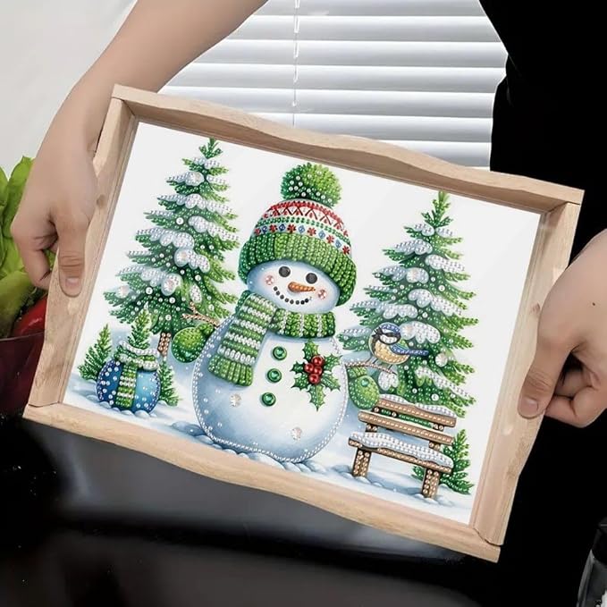 DIY Diamond Serving Tray Rectangular Breakfast Tray with Handle Handmade Diamond Art Painting Wooden Tray for Dinner Plate Coffee Room Living Home Organizer-Snowman