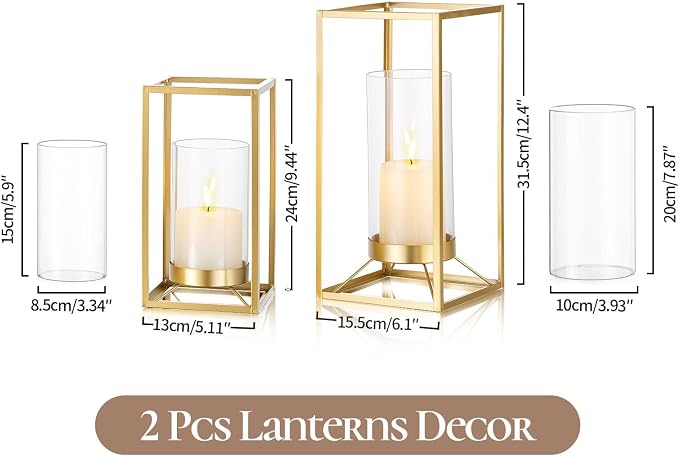 Gold Lantern Decorative Indoor: Set of 2 Wedding Lanterns with Hurricane Glass Modern Candle Holder for Table Centerpiece Fireplace Mantles Kitchen