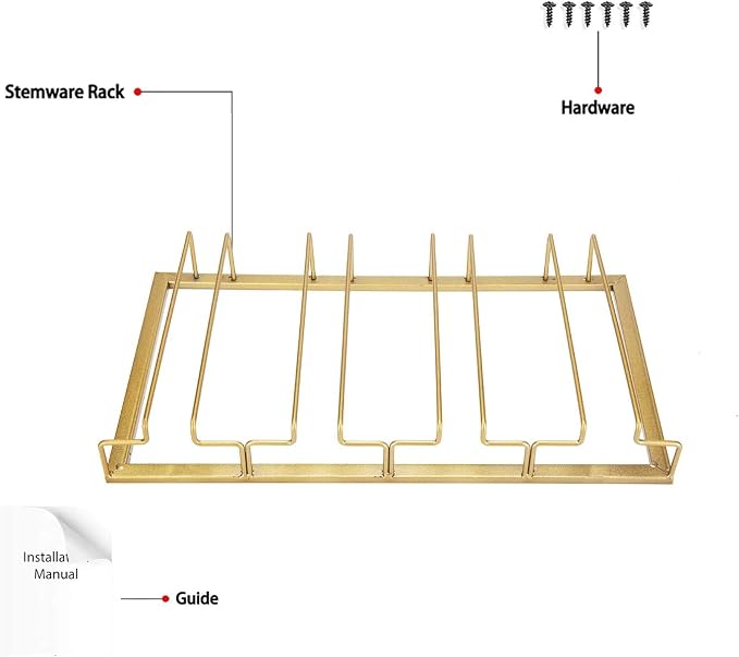 FOMANSH Wine Glass Rack - Under Cabinet Stemware Wine Glass Holder Glasses Storage Hanger 2 Pack Metal Organizer for Bar Kitchen 4 Rows Gold